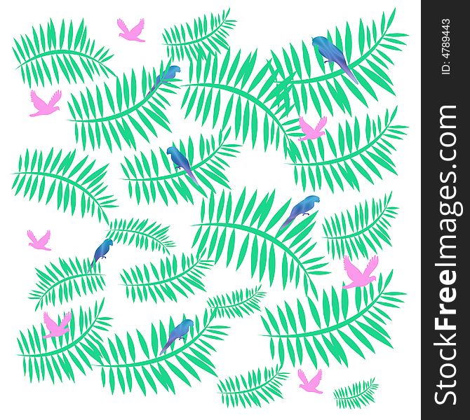 Palm fronds and parrots on white background pattern. Palm fronds and parrots on white background pattern