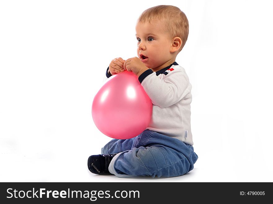 Sitting small girl with pink ballon. Sitting small girl with pink ballon