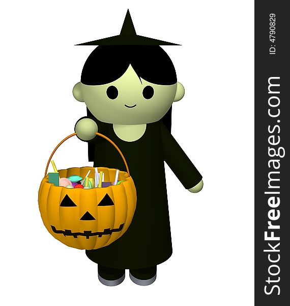 3D illustration of a girl dressed up as a witch collecting candy. 3D illustration of a girl dressed up as a witch collecting candy