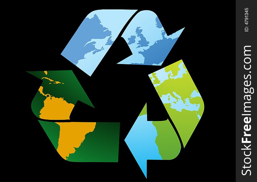 Recycle Symbol-World map on black