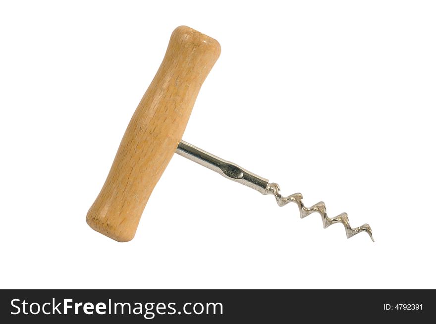 Wooden handle corkscrew on a white background