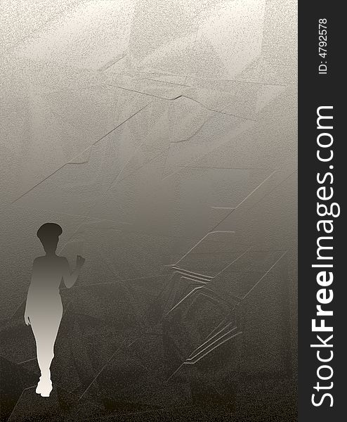 Silhouette of a woman in the lower left corner against a texture background. Silhouette of a woman in the lower left corner against a texture background