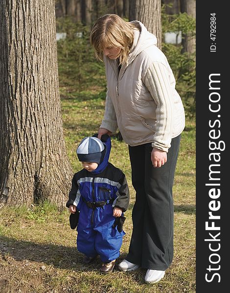 The little boy in a blue overalls walks with mum on a pine wood. The little boy in a blue overalls walks with mum on a pine wood