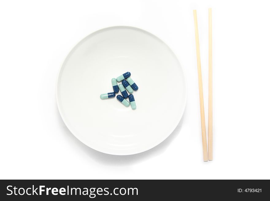 Pills on plate isolated on white background