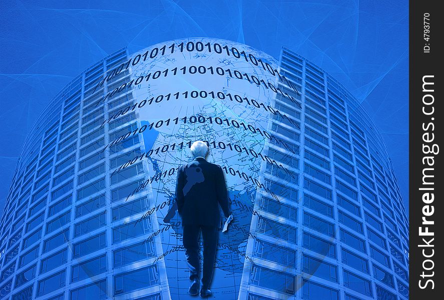 The businessman in this design holds the key (to successful e-business)while he is entering the business world. The skyscrapers have a grid-like pattern and between / behind the buildings is the globe with binary numbers. The businessman in this design holds the key (to successful e-business)while he is entering the business world. The skyscrapers have a grid-like pattern and between / behind the buildings is the globe with binary numbers.