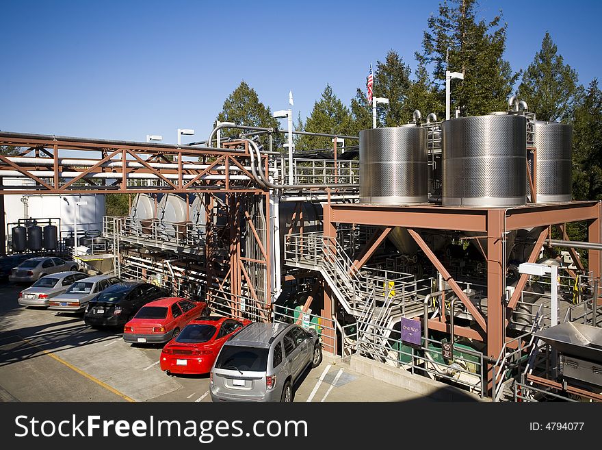 Shot of an industrial process piping in a Napa winery.