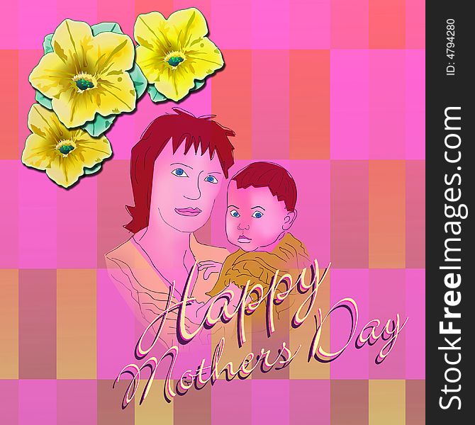 Mother and Child drawing over Happy Mothers day written in script, on a pink and peach plaid pattern wall paper with yellow petunia flowers. Mother and Child drawing over Happy Mothers day written in script, on a pink and peach plaid pattern wall paper with yellow petunia flowers.