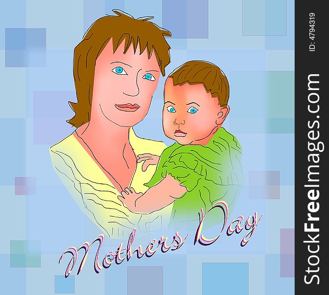 Mother and Child drawing over Mothers day written in script, on a light blue wall paper with cool pastel colored squares. Mother and Child drawing over Mothers day written in script, on a light blue wall paper with cool pastel colored squares.