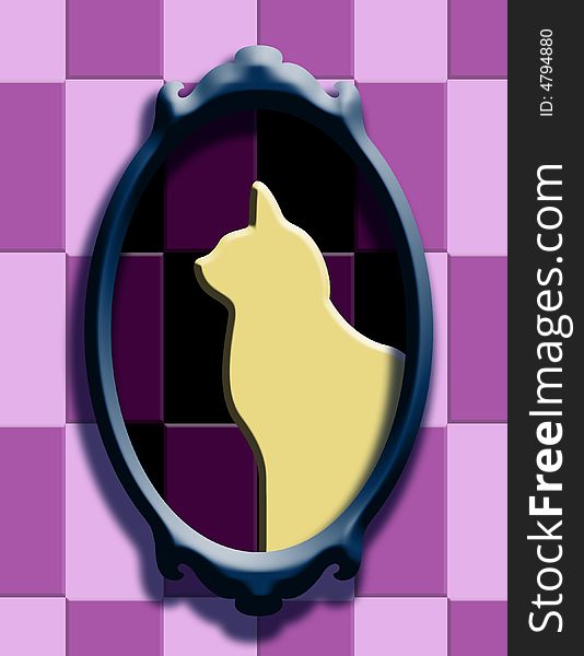 A cat silhouette in an oval frame. layered on a  back round of violet checkers. A cat silhouette in an oval frame. layered on a  back round of violet checkers.
