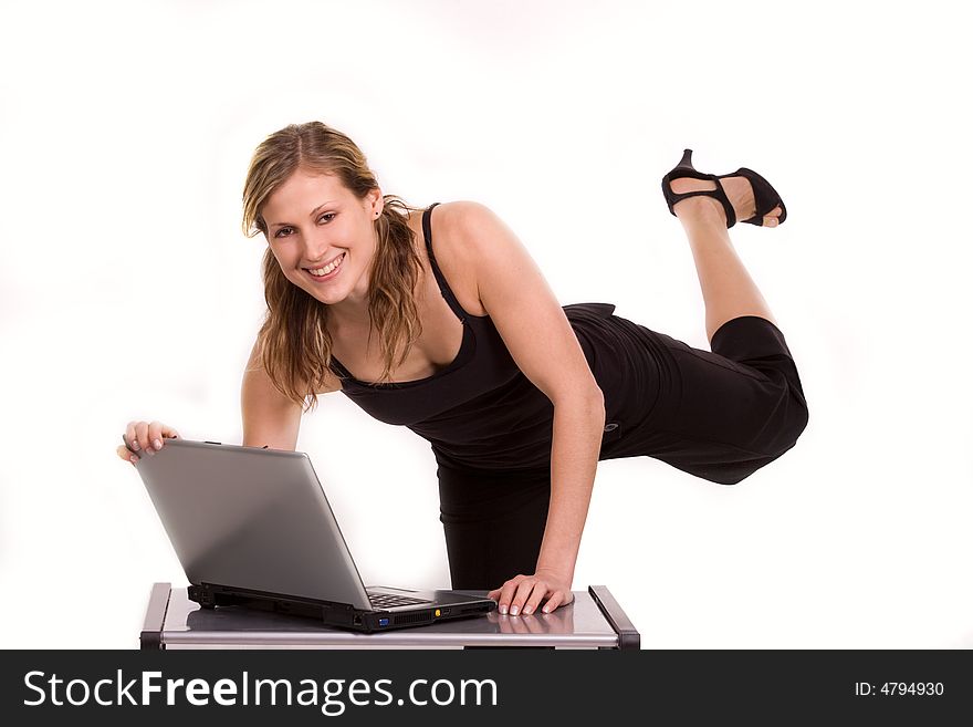 Nice caucasian girl with laptop isolated on white. Nice caucasian girl with laptop isolated on white