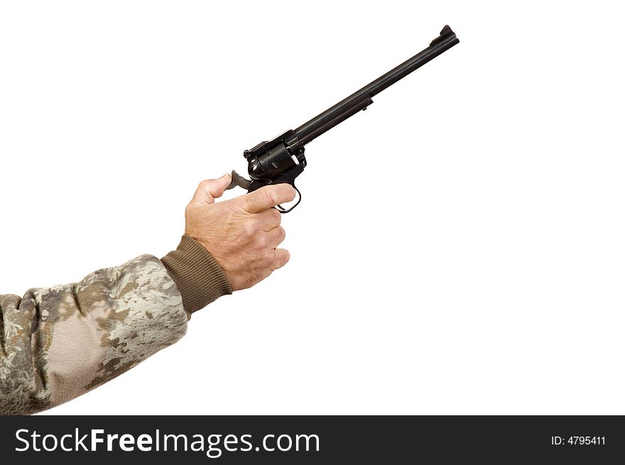 Hunter pulling back hammer on a single action revolver while shooting at target and isolated on white. Hunter pulling back hammer on a single action revolver while shooting at target and isolated on white