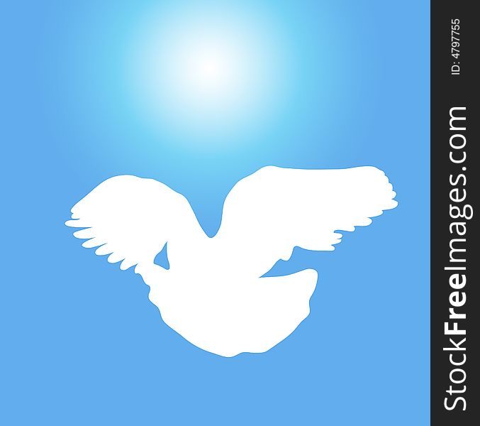 Illustration of white dove flying on sunny blue sky. Illustration of white dove flying on sunny blue sky