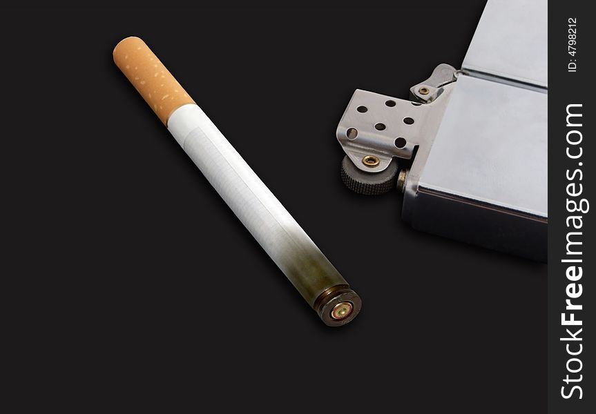 Cigarette and lighter on a grey background. Cigarette and lighter on a grey background