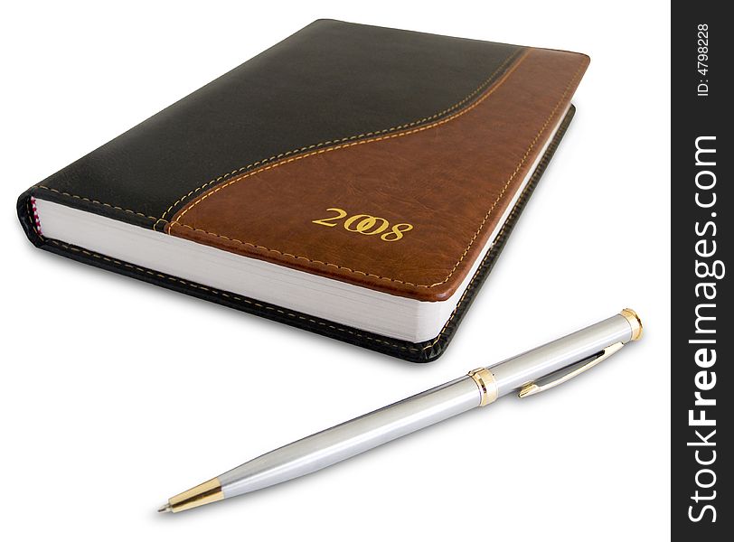 Notebook and pen objects over white