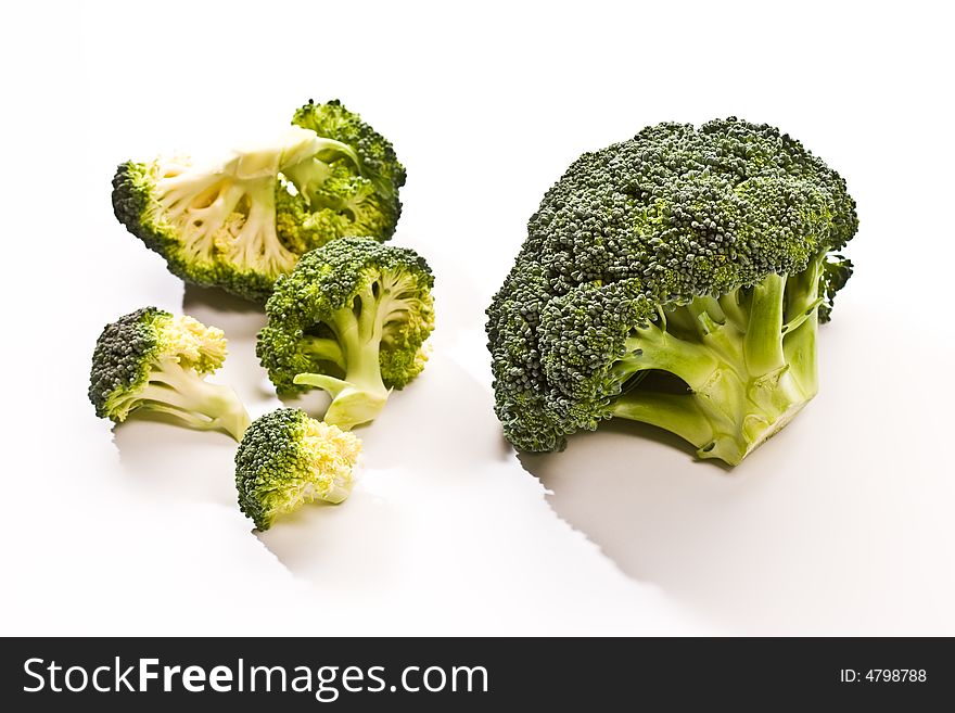 Macro picture, two heads of broccoli over white