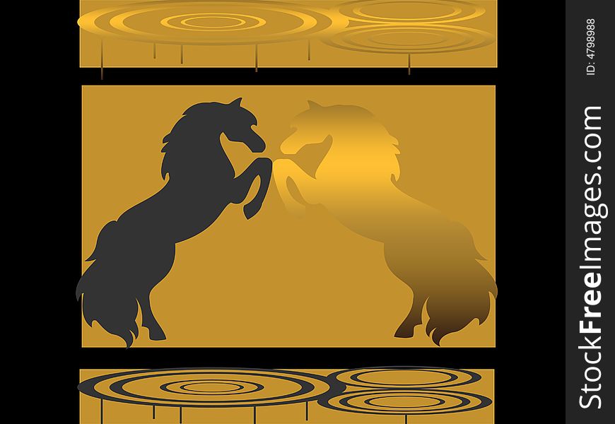 Black and Gold background with depicting two horses in a duel