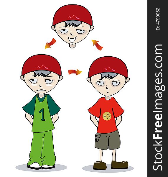 Little boy with three face expressions & two clothes