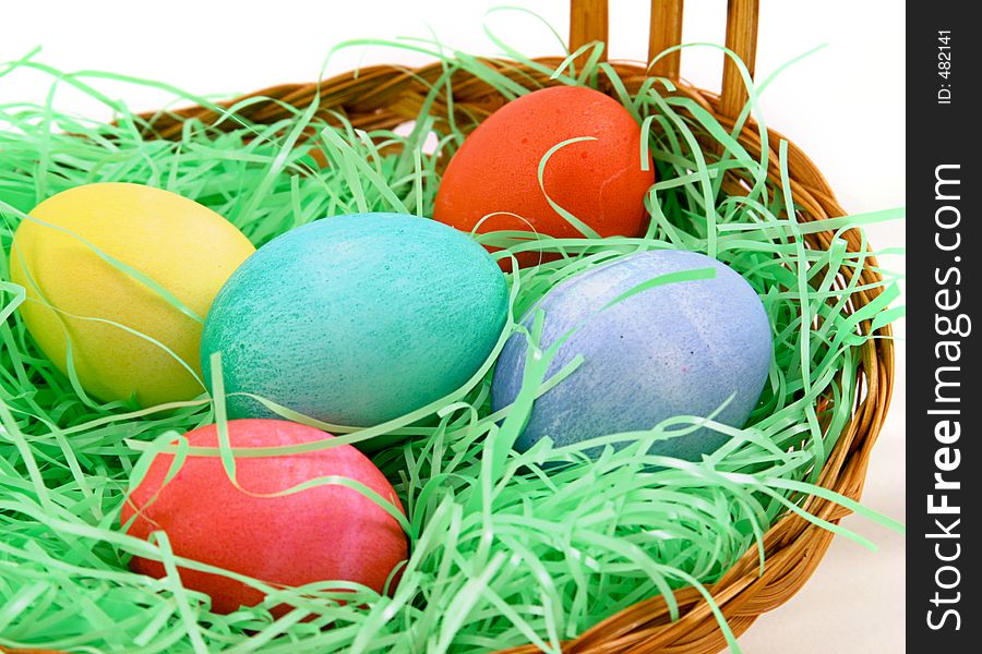 A basket of easter eggs. A basket of easter eggs.