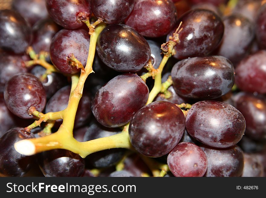 A closeup of a bunch of juicy red grapes ripe on the stem.