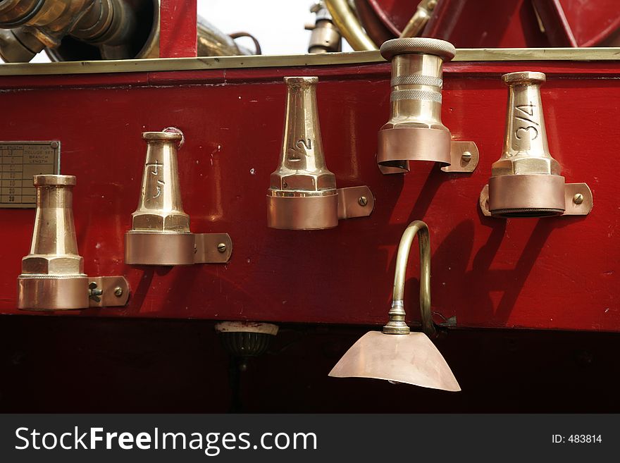 A collection of hose nozzles on a fire truck