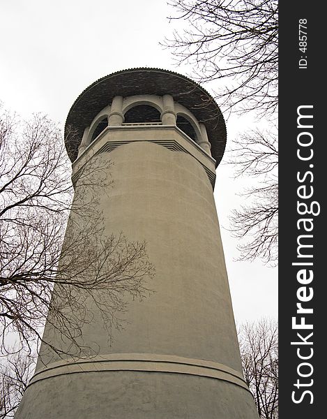 Witch's Hat Water Tower from Base with snow flurries