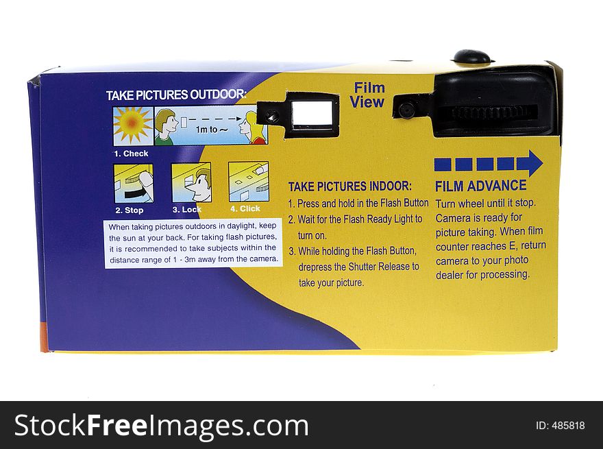 Back view of a cheap disposable camera on a white background