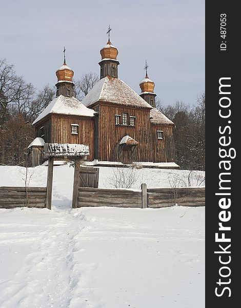 Winter church in snow