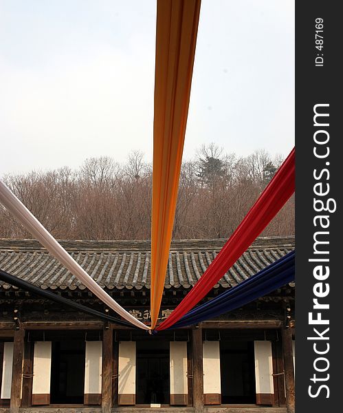 Korean temple adorned with ribbons for Chinese New Year