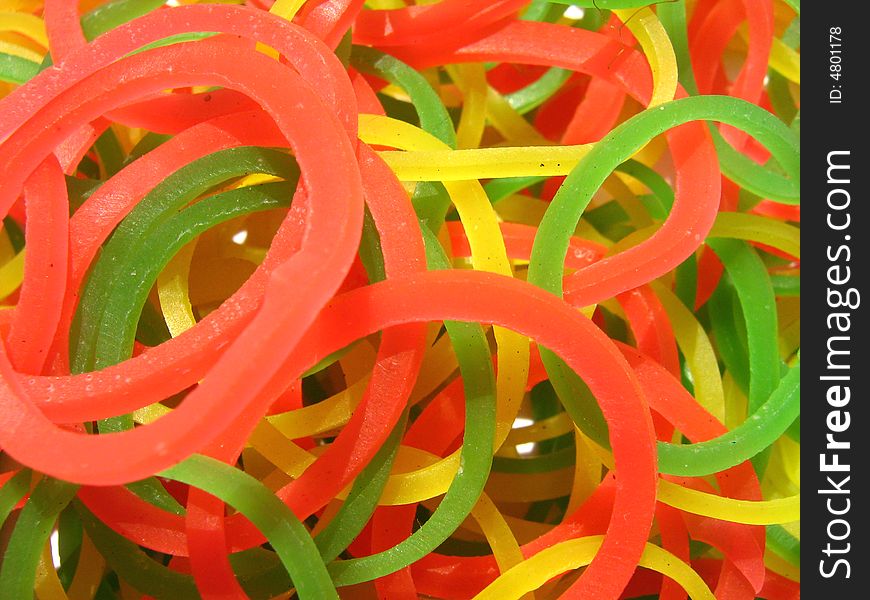 Collection of red yellow and green rubber bands. Collection of red yellow and green rubber bands