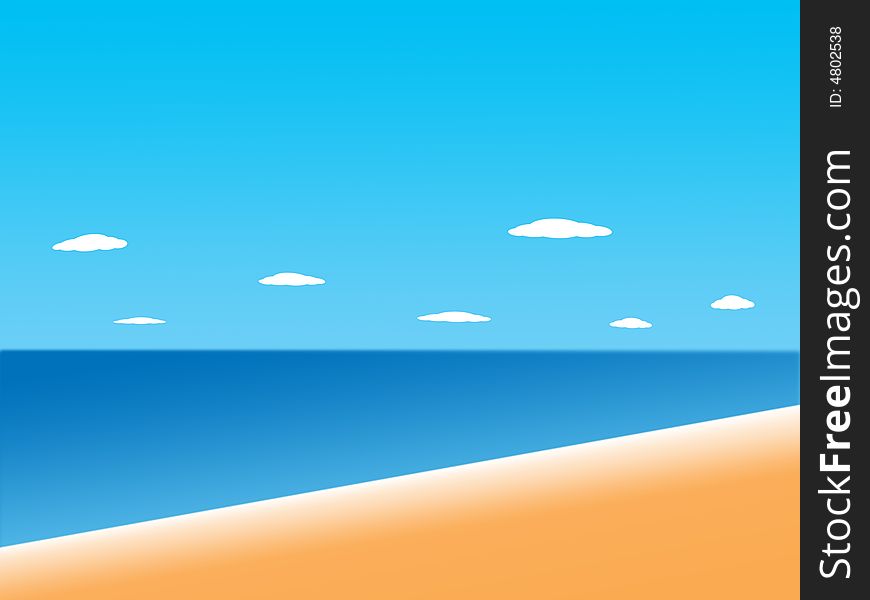 Sandy beach, the sea, the dark blue sky, clouds