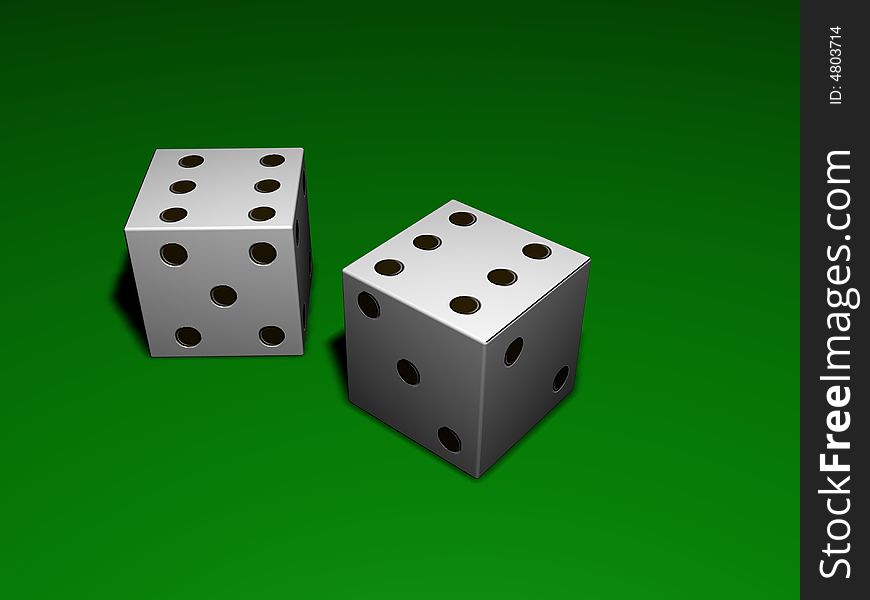 Two white dice on green background. Two white dice on green background.