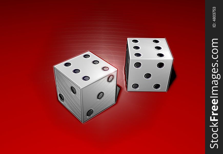 A 3d object of Two white dice on red background. A 3d object of Two white dice on red background.