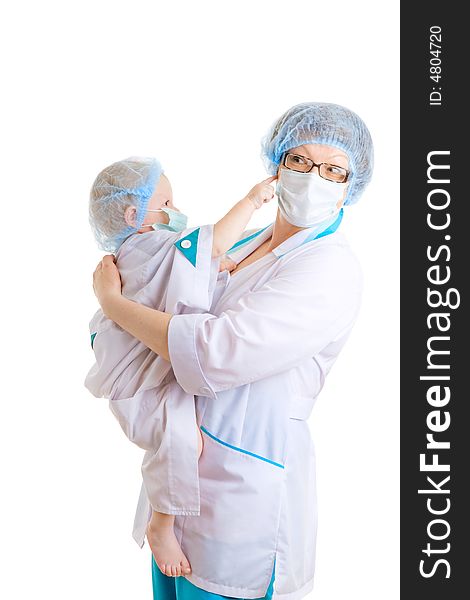 Doctor and a child in medical clothing. Doctor and a child in medical clothing