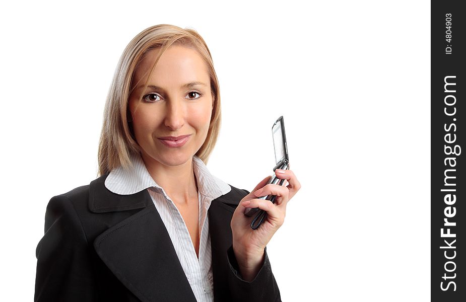 A woman showing or holding a mobile flip phone in her hand. A woman showing or holding a mobile flip phone in her hand.