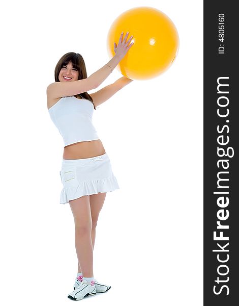 Girl practicing fitness  on  white  background