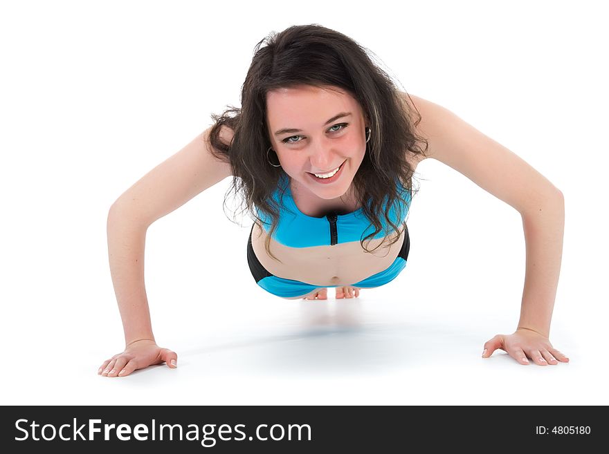 Girl practicing fitness  on  white  background