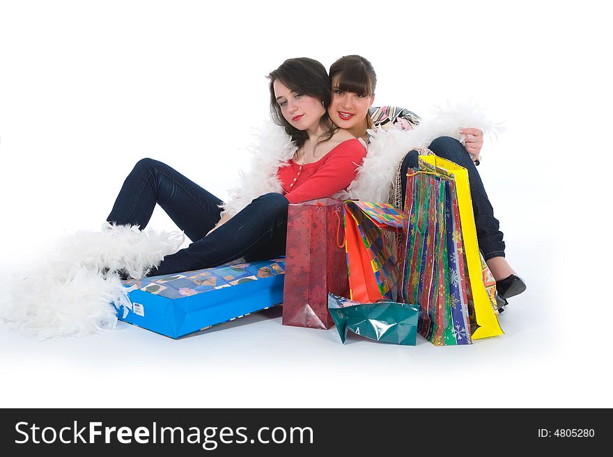 Expressive girls  on white background  shopping. Expressive girls  on white background  shopping