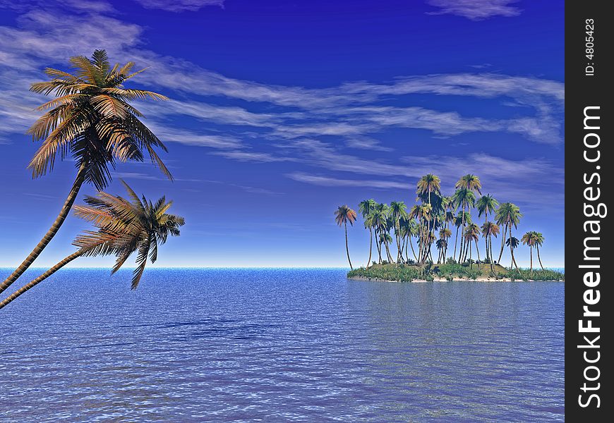 Coconut palm trees on a small island - digital artwork. Coconut palm trees on a small island - digital artwork