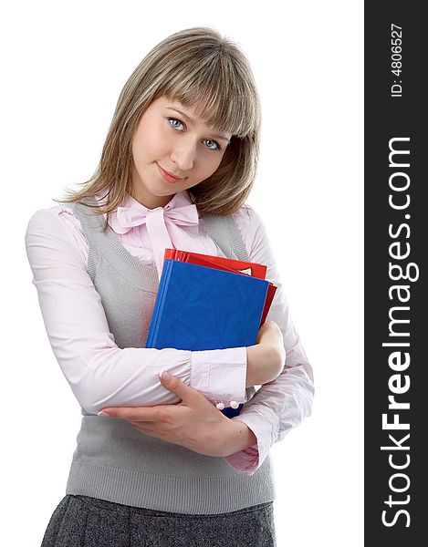 Woman with folder for documents on white background