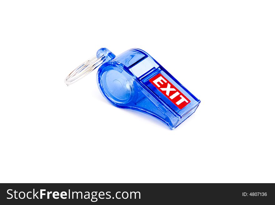 Blue whistle on a white background with the word exit