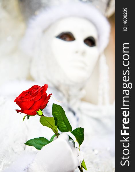 Red rose and white costume at the Venice Carnival (Focus on the rose)