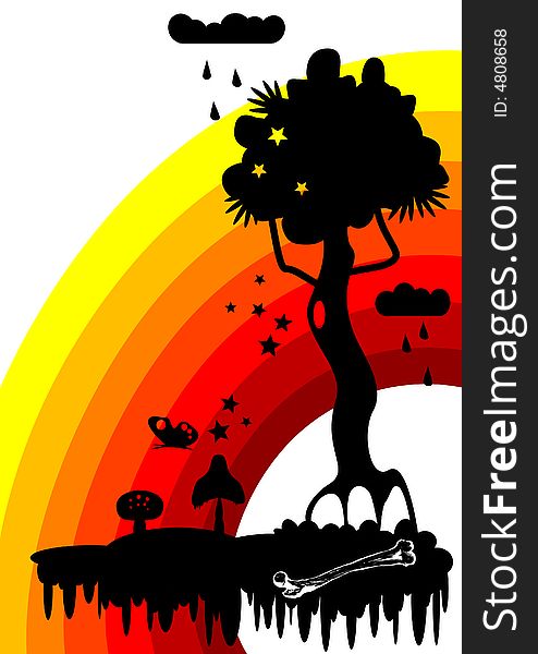 This image contains tree and other forest elements silhouette with rainbow. This image contains tree and other forest elements silhouette with rainbow.