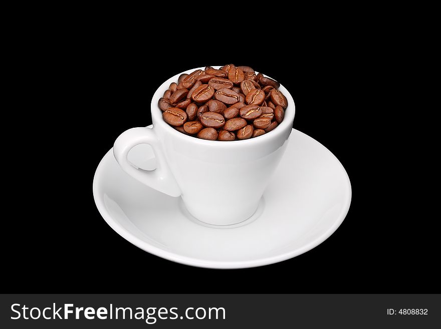 White cup of coffee full of beans