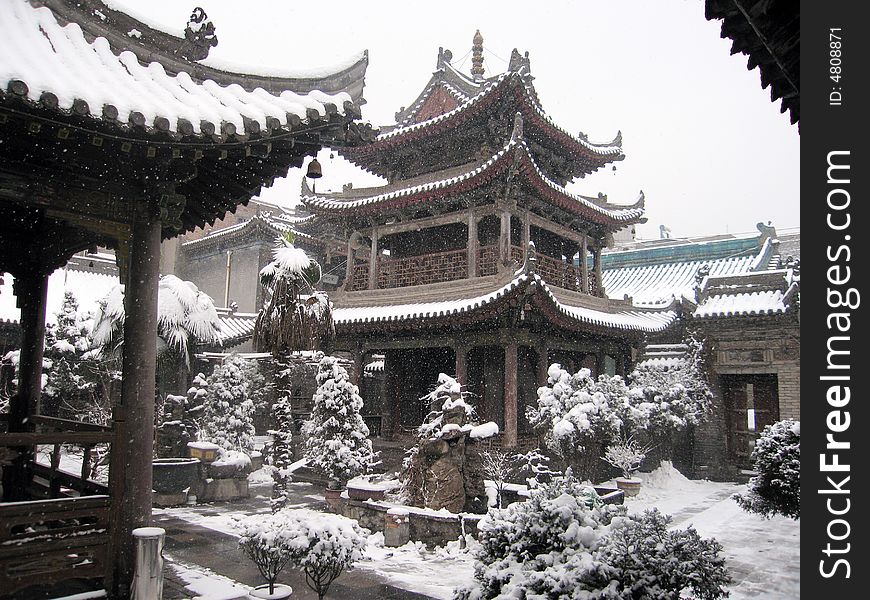 Snow in the temple, China traditional style construction, Xi'an, Shannxi, China