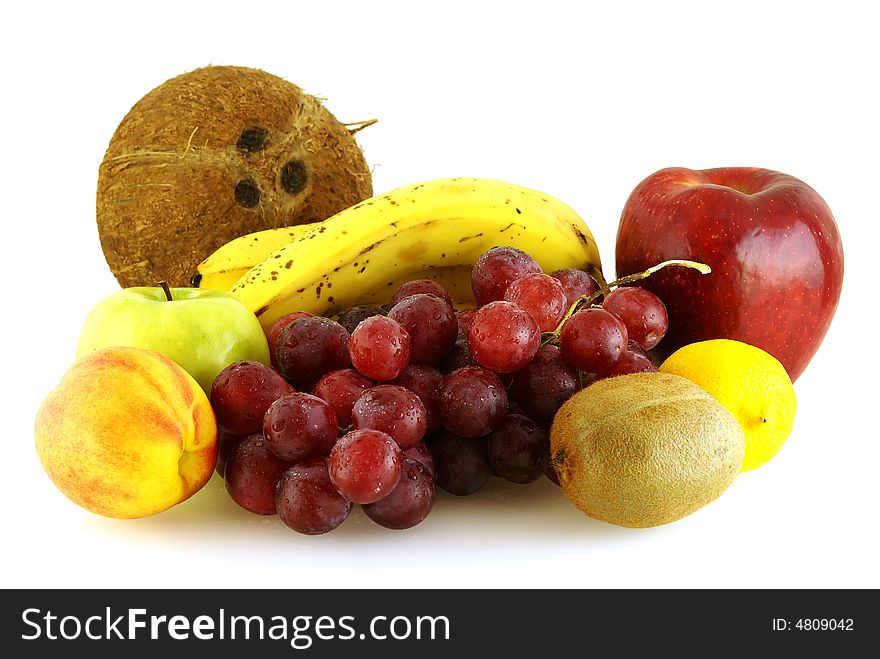 Various of fresh ripe fruits over white background