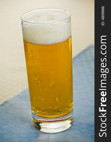 Beer glass ( lager ) on the kitchen table