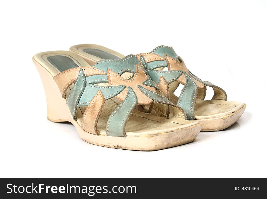 Fashionable old blue sandals on a high heel. Fashionable old blue sandals on a high heel