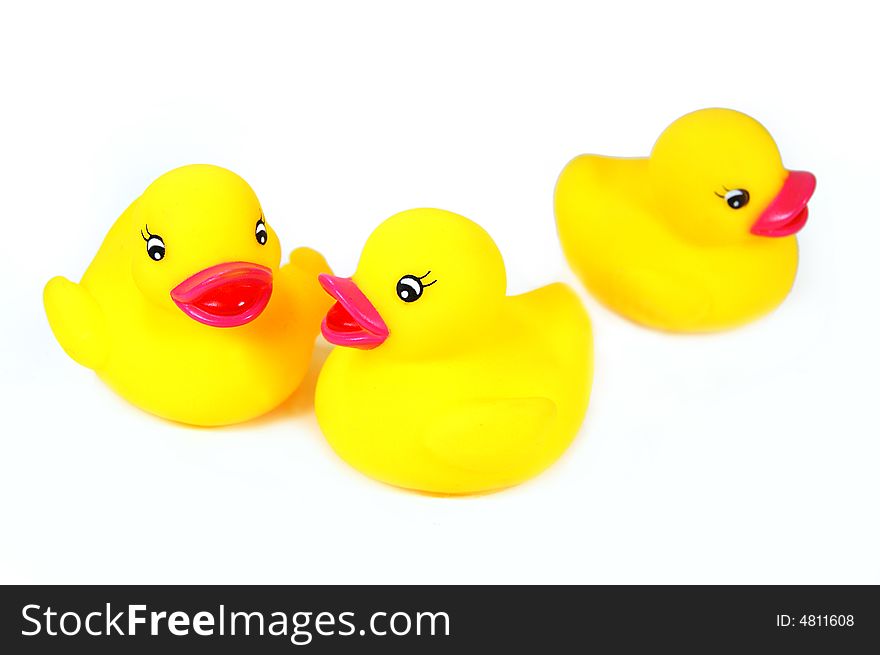 Three rubber yellow duck isolated on white. Three rubber yellow duck isolated on white