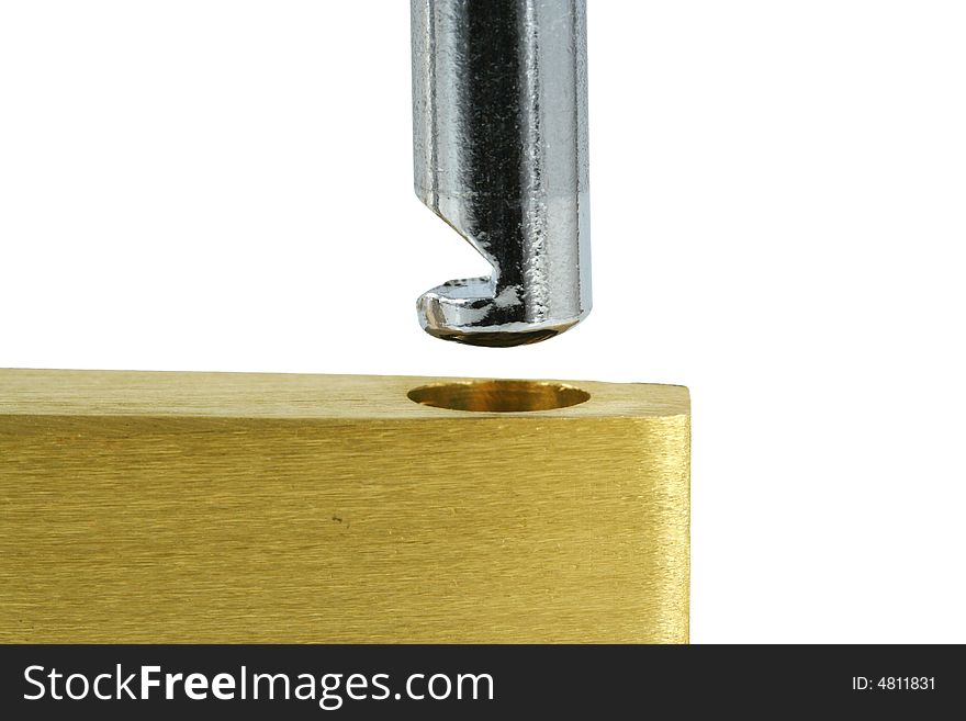 A Isolated Brass open lock on white macro