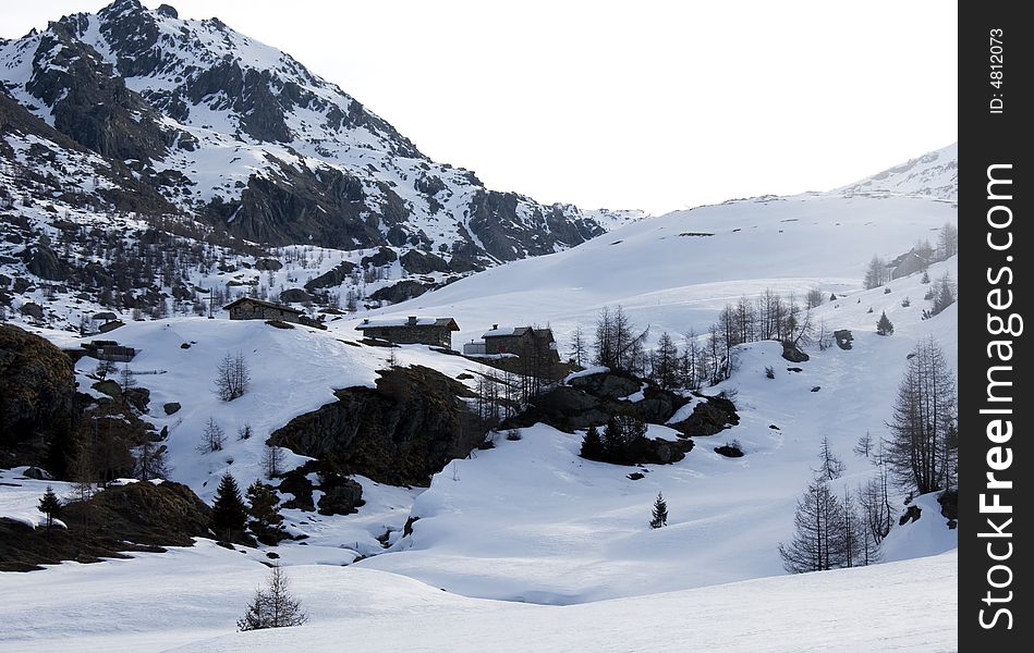 Mountain Huts Under Snow